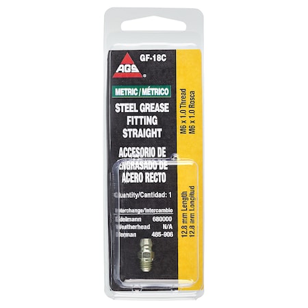 Ags Steel Straight Grease Fitting, 12.8mm Length, Male (6x1.0mm), 1/card GF-18C